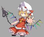  1girl black_legwear blonde_hair blush commentary_request cowboy_shot cropped_legs crystal flandre_scarlet grey_background hat hat_ribbon holding holding_spear holding_weapon laevatein long_hair looking_at_viewer mob_cap necktie noya_makoto outstretched_arm pointy_ears polearm red_eyes red_ribbon red_skirt red_vest ribbon side_ponytail simple_background skirt solo spear thighhighs tie_clip touhou vest weapon white_headwear wings yellow_neckwear 