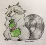  &lt;3 absurd_res ambiguous_gender beady_eyes beverage black_eyes english_text facial_markings feral fluffy fluffy_tail fur graphite_(artwork) grey_body grey_fur head_markings hi_res keenadraws mammal markings mask_(marking) mountain_dew pencil_(artwork) procyonid raccoon simple_background smile soda solo striped_tail stripes text traditional_media_(artwork) tuft 