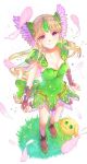  1girl animal blonde_hair breasts cleavage eyebrows_visible_through_hair feathers fingerless_gloves forehead_jewel frilled_skirt frills gem gloves gold_trim grass green_eyes hair_intakes headband highres looking_at_viewer medium_breasts purple_eyes rabite riesz seiken_densetsu seiken_densetsu_3 shoes shoulder_armor sidelocks skirt wing_hair_ornament xxxyu-noxxx 