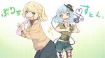  2girls alternate_costume bandaid biting blonde_hair blue_eyes blue_hair bob_cut casual contemporary flannel green_eyes grey_skirt hair_ornament hairclip handkerchief hat heart heart_hands heart_print highres kawayabug komeiji_koishi long_hair midriff mini_hat mizuhashi_parsee multiple_girls navel open_mouth orange_sweater pointy_ears ponytail print_legwear shirt short_hair shorts skirt smile sports_bra star_(symbol) sweater third_eye touhou translation_request yellow_shirt 