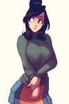  1girl absurdres blue_eyes brown_hair carlos_eduardo commentary english_commentary green_sweater highres long_hair looking_to_the_side medium_hair original ponytail skirt solo sweater thick_lips tied_hair turtleneck turtleneck_sweater white_background 