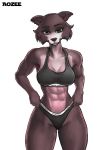  2020 7:10 abs absurd_res anthro aozee athletic beastars biceps bra breasts calvin_klein canid canine canis cleavage clothed clothing female hi_res juno_(beastars) looking_at_viewer mammal multicolored_body muscular muscular_anthro muscular_female product_parody product_placement simple_background solo thick_thighs two_tone_body underwear wolf 