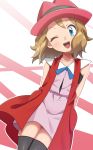  1girl ;d arms_behind_back bangs black_legwear blue_ribbon brown_hair collarbone commentary_request eyebrows_visible_through_hair eyelashes hat head_tilt highres ochadzuke one_eye_closed open_mouth outline pink_headwear pokemon pokemon_(anime) pokemon_xy_(anime) ribbon serena_(pokemon) shiny shiny_hair short_hair sleeveless_duster smile solo teeth thighhighs tongue upper_teeth white_outline zettai_ryouiki 