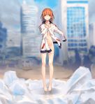  1girl barefoot blurry blurry_background blush brown_eyes brown_hair building closed_mouth commentary_request crossed_arms day depth_of_field groin ice jacket long_sleeves looking_at_viewer misaka_mikoto naked_jacket navel open_clothes open_jacket outdoors raika9 skyscraper solo standing to_aru_kagaku_no_railgun to_aru_majutsu_no_index track_jacket white_jacket 