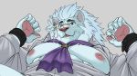 2018 5_fingers abs anthro areola bdsm biped black_eyebrows bodily_fluids chest_tuft claws clothed clothing digital_drawing_(artwork) digital_media_(artwork) eyebrows eyewear felid fingers fluffy front_view fur fur_tuft grey_background grey_body grey_clothing grey_eyes grey_fur grey_mane grey_shirt grey_topwear half-closed_eyes head_tuft humanoid_hands lion looking_at_viewer low-angle_view lying male mammal mane monocle muscular muscular_anthro muscular_male narrowed_eyes neck_tuft nervous nervous_smile nipples oaks16 on_back open_mouth pantherine partially_clothed pecs pink_areola pink_nipples pink_nose pink_tongue raised_arm raised_hands shirt simple_background sketch small_ears snow_(tas) solo sweat sweatdrop thick_eyebrows tokyo_afterschool_summoners tongue topwear tuft unfinished video_games whiskers white_body white_fur wrist_cuff 