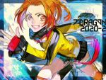  1girl 7th_dragon_(series) 7th_dragon_2020-ii dated destroyer_(7th_dragon_2020) goggles goggles_around_neck grin jacket looking_at_viewer nishihara_isao orange_eyes orange_hair running short_shorts shorts smile solo teeth torn_clothes torn_shorts yellow_jacket 