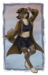  2020 4_toes 5_fingers black_nose breasts brown_hair canid canine canis caribou_(artist) clothed clothing digital_media_(artwork) digitigrade domestic_dog fingers hair mammal midriff navel open_mouth smile teeth toes tongue 