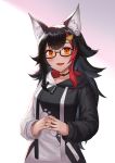  1girl :d absurdres animal_ear_fluff animal_ears black_choker black_hair black_hoodie blush breasts choker commentary cowboy_shot eyebrows_visible_through_hair eyelashes glasses hair_ornament hands_clasped hands_together highres hololive long_hair long_sleeves looking_at_viewer medium_breasts multicolored_hair ookami_mio open_mouth orange_eyes own_hands_together paw_print_pattern red-framed_eyewear red_hair samc semi-rimless_eyewear simple_background smile solo streaked_hair two-tone_hair two-tone_sweater virtual_youtuber white_background white_hoodie wolf_ears 