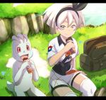  1girl bag black_bodysuit black_hairband bodysuit bodysuit_under_clothes breasts candy chocolate chocolate_bar closed_mouth collared_shirt commentary_request covered_navel day eating food gen_1_pokemon grass grey_eyes grey_hair gym_leader hairband hand_on_ground highres holding holding_food knee_pads light_rays looking_at_viewer machop open_bag outdoors pokemon pokemon_(creature) pokemon_(game) pokemon_swsh print_shirt print_shorts saitou_(pokemon) shirt short_hair short_sleeves shorts sitting smile sunbeam sunlight tied_shirt torottye 