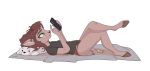  2020 anthro bedding blanket bovid brown_hair caprine cellphone clothing cloven_hooves female goat hair hooves horn inner_ear_fluff lying mammal panties phone plushie shirt side_view simple_background smartphone solo topwear tuft underwear wetsealky white_background 