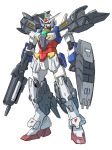  absurdres blue_eyes clenched_hands core_gundam fusion geminass_gundam glowing glowing_eyes gun gundam gundam_build_divers gundam_build_divers_re:rise gundam_wing gundam_wing_dual_story:_g-unit highres holding holding_gun holding_weapon mecha no_humans solo standing sukekiyo56 weapon white_background 