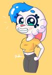  absurd_res anthro blue_hair blush clothing crop_top female fluffy fur gracie_bell gracie_bell_(character) hair hi_res lagomorph leporid looking_at_viewer mammal pose rabbit shirt smile smiling_at_viewer solo sweatpants topwear white_body white_fur 