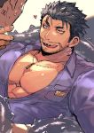  1boy abs bara beard black_hair chest dagon_(tokyo_houkago_summoners) facial_hair heart hozunomi jewelry leaning_back male_focus manly muscle necklace open_clothes pectorals sharp_teeth simple_background smile solo teeth tentacles tokyo_houkago_summoners tongue tongue_out upper_body yellow_eyes 
