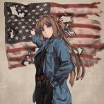  1girl american_flag arms_up belt brown_hair flag girls_frontline green_eyes jacket looking_at_viewer m1903_springfield_(girls_frontline) persocon93 smile solo 