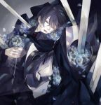  1boy black_hair blood blood_on_face blood_stain blue_flower bouquet brooch bruise cape closed_eyes corpse cuts death flower holding holding_bouquet injury jewelry male_focus nishihara_isao pale_skin pixiv_fantasia pixiv_fantasia_fallen_kings scratches short_hair solo 