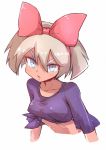  1girl :o alternate_costume bangs collarbone commentary_request eyelashes grey_hair gym_leader hair_between_eyes hairband kurachi_mizuki light_blush looking_at_viewer open_mouth pink_hairband pokemon pokemon_(game) pokemon_swsh purple_shirt saitou_(pokemon) shiny shiny_hair shirt short_hair silver_eyes simple_background solo tied_shirt tongue upper_body v-shaped_eyebrows white_background 