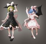  2girls absurdres angel_wings ankle_ribbon asymmetrical_wings bangs black_dress black_footwear black_headwear black_wings blonde_hair blue_eyes blue_hair bow buttons closed_mouth collared_dress demon_wings dress eyebrows_visible_through_hair feathered_wings frilled_dress frills full_body gradient gradient_background hair_bow hand_on_headwear hand_up hat hat_bow highres looking_at_viewer mai_(touhou) medium_hair multiple_girls parted_bangs puffy_short_sleeves puffy_sleeves red_neckwear red_ribbon ribbon sancking_(fatekl) sash shirt short_hair short_sleeves sidelocks sideways_glance skirt_hold touhou touhou_(pc-98) undershirt white_bow white_dress white_legwear white_sash white_shirt white_wings wings yellow_eyes yuki_(touhou) 