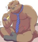  2020 ? anthro balls blush brown_body brown_fur canid canine canis domestic_dog erection fur genitals humanoid_genitalia humanoid_hands humanoid_penis japanese_text kemono male mammal misterdonn moobs necktie nipples overweight overweight_male penis sitting solo text 