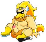  2020 accipitrid accipitriform anthro avian beak belt bird black_sclera blonde_hair boots bottomwear bracelet clothing erection feathers footwear genitals gold_(metal) gold_jewelry hair hi_res humanoid_genitalia humanoid_penis jewelry looking_away male mario_bros nintendo orange_bottomwear orange_clothing paper_mario penis rawk_hawk simple_background sinribbons sitting solo tan_body tan_feathers undressed video_games white_background white_body white_eyes white_feathers yellow_beak yellow_clothing yellow_footwear 