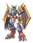  absurdres aqua_eyes claws core_gundam_ii crossover digimon fusion gundam gundam_build_divers gundam_build_divers_re:rise highres mecha mechanical_wings no_humans solo standing sukekiyo56 wargreymon white_background wings 