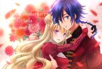  1boy 1girl 2018 :d arms_around_neck bangs black_ribbon blonde_hair blue_eyes blue_hair blurry_foreground bouquet braid braided_ponytail character_name code_geass code_geass:_boukoku_no_akito couple dress eyebrows_visible_through_hair floating_hair flower french_text hair_between_eyes hair_bun hair_ribbon happy_birthday hetero holding holding_bouquet hug hyuuga_akito komaichi leila_(code_geass) long_hair long_sleeves looking_at_viewer open_mouth orange_flower ponytail purple_eyes red_dress red_flower ribbon shiny shiny_hair smile typo upper_body very_long_hair 