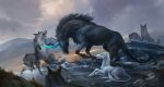  2020 ambiguous_gender canid canine canis day detailed_background digital_media_(artwork) equid equine fur grey_body grey_fur group hooves horn mammal open_mouth outside sandara sky teeth tongue unicorn wolf 