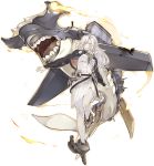  1girl anchor aura belt breasts fangs full_body hair_over_eyes hammerhead_shark highres jacket kantai_collection konishi_(koconatu) long_hair official_art orange_eyes pleated_skirt shinkaisei-kan silver_hair skirt smile south_pacific_aircraft_carrier_hime teeth transparent_background 