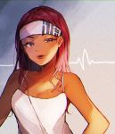  1girl alternate_hairstyle apex_legends bare_shoulders breasts brown_eyes camisole cleavage collarbone commentary_request dark_skin eyelashes hair_down half-closed_eyes headband highres lifeline_(apex_legends) long_hair looking_at_viewer mokuharu open_mouth red_eyes red_lips small_breasts solo spaghetti_strap upper_body white_camisole white_headband 