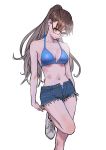  1girl bare_arms bare_shoulders bikini black-framed_eyewear blue_bikini blue_shorts breasts brown_hair cleavage closed_mouth collarbone cutoffs denim denim_shorts glasses halter_top halterneck highres leg_up long_hair looking_at_viewer medium_breasts navel no_socks open_fly original peco_(pockleberry) ponytail red_eyes shoes short_shorts shorts simple_background sneakers solo standing standing_on_one_leg stomach swimsuit thighs white_background white_footwear 