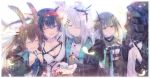  1other 4girls amiya_(arknights) animal_ears arknights bangs black_hair black_jacket blaze_(arknights) blue_eyes breasts brown_hair bunny_ears cat_ears choker cleavage closed_eyes commentary_request doctor_(arknights) eyebrows_visible_through_hair frostnova_(arknights) green_eyes green_hair greythroat_(arknights) hair_between_eyes hair_ornament hair_over_one_eye hairclip hand_on_another&#039;s_head highres jacket long_hair looking_at_viewer medium_breasts multiple_girls multiple_rings one_eye_closed open_clothes open_hands open_jacket open_mouth pout rain short_hair sidelocks silver_hair smile soukuu_kizuna sweatdrop swept_bangs 