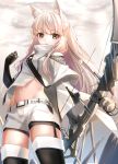  1girl animal_ear_fluff animal_ears arknights black_gloves black_legwear bow_(weapon) coat cowboy_shot crop_top crop_top_overhang elbow_gloves garter_straps gloves groin hand_up high_collar holding holding_bow_(weapon) holding_weapon long_hair long_sleeves looking_at_viewer midriff navel parted_lips platinum_(arknights) rukinya_(nyanko_mogumogu) short_shorts shorts solo standing stomach strap thighhighs thighs weapon white_coat white_hair white_shorts wide_sleeves yellow_eyes 