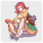 1girl alternate_costume blue_eyes breasts code_geass crop_top cup flower full_body grey_background hair_intakes hair_ornament holding holding_cup kallen_stadtfeld lac. long_hair long_skirt looking_at_viewer medium_breasts open_mouth orange_skirt red_flower red_hair red_rose rose shiny shiny_hair sitting skirt solo 