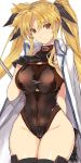  1girl adapted_costume black_gloves black_legwear black_leotard blonde_hair breasts cape commentary_request cowboy_shot fate_testarossa gloves hair_ribbon himukai_kyousuke large_breasts leotard long_hair lyrical_nanoha mahou_shoujo_lyrical_nanoha_strikers red_eyes ribbon see-through simple_background solo thigh_gap thighhighs twintails white_background white_cape 