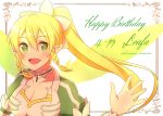  1girl :d bangs blonde_hair blush braid breasts character_name choker cleavage collarbone enokimo_me eyebrows_visible_through_hair green_eyes hair_between_eyes happy_birthday high_ponytail highres leafa long_hair looking_at_viewer medium_breasts open_mouth pointy_ears shiny shiny_hair sidelocks smile solo sword_art_online twin_braids twitter_username upper_body very_long_hair waving white_background 