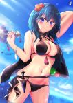  1girl arm_up artist_name bikini black_bikini blue_eyes blue_hair blue_sky breasts byleth_(fire_emblem) byleth_(fire_emblem)_(female) chinchongcha cleavage closed_mouth dagger day fire_emblem fire_emblem:_three_houses fire_emblem_heroes flower hair_flower hair_ornament highres holding outdoors sheath sheathed sky smile solo swimsuit wading water weapon 