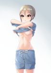  1girl :o absurdres arms_up bangs black_eyes blue_shirt blue_shorts blush breasts gradient gradient_background grey_hair hair_between_eyes highres idolmaster idolmaster_cinderella_girls medium_breasts navel open_mouth shiomi_shuuko shirt shirt_lift short_hair short_sleeves shorts solo t.r underboob 