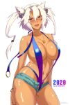  1girl alternate_costume anchor_necklace breasts cleavage dark_skin fang glasses hair_between_eyes highres jewelry kantai_collection large_breasts musashi_(kantai_collection) navel necklace non_(nonzile) platinum_blonde_hair red_eyes short_hair_with_long_locks short_shorts shorts slingshot_swimsuit solo swimsuit tall twintails two_side_up 