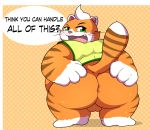  2020 absurd_res anthro anus balls butt clothing cute_fangs english_text felid genitals green_eyes hi_res kusosensei male mammal overweight overweight_male pantherine shirt solo text tiger topwear 