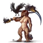  1:1 absurd_res anthro breasts digital_media_(artwork) ear_piercing ear_ring feathers female fur genitals gnoll hair hi_res hyaenid mammal muscular nipples nude piercing pussy solo stripes vateo 