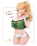  1girl :p blonde_hair blush boyshorts breasts choker cleavage cowboy_shot creeper crop_top cropped_legs cupa_(at2.) fuyumitsu hair_ornament large_breasts long_hair midriff minecraft navel open_mouth ponytail short_shorts shorts sidelocks simple_background solo tongue tongue_out v w white_background yellow_eyes 