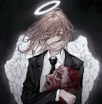  1boy angel angel_devil_(chainsaw_man) angel_wings black_background black_jacket black_neckwear blood blood_on_face brown_eyes brown_hair business_suit chainsaw_man collared_shirt deadprinceee expressionless feathered_wings feathers formal hair_between_eyes halo highres holding jacket long_hair long_sleeves looking_at_viewer necktie neckwear severed_head shirt simple_background solo suit upper_body white_shirt white_wings wings 
