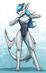  2020 4_toes 5_fingers absurd_res anthro barefoot black_nose blue_eyes blue_hair canid canine claws feet female fin fingers fish hair hi_res horn hybrid mammal marine mykegreywolf shark smile solo standing toes 