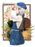  1girl apron beret blue_bow blue_headwear blush border bow braid bug butterfly cat english_text facing_to_the_side finger_frame gesture grass hair_bow hat highres insect lize_helesta multicolored_hair nijisanji paint_can paintbrush palette pins plant purple_eyes sen_(sennosenn1127) sketchbook solo streaked_hair string_belt twin_braids white_hair 
