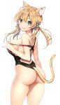  1girl :q animal_ears aqua_eyes ass bangs blonde_hair blush breasts cat_ears cat_tail competition_swimsuit highres inuzumi_masaki kantai_collection large_breasts long_hair looking_at_viewer looking_back low_twintails one-piece_swimsuit prinz_eugen_(kantai_collection) simple_background smile solo swimsuit swimsuit_pull tail tongue tongue_out twintails white_background 