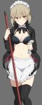  1girl absurdres apron artoria_pendragon_(all) artoria_pendragon_(swimsuit_rider_alter) bikini black_bikini black_jacket black_legwear black_skirt breasts brown_eyes brown_hair choker cleavage fate/grand_order fate_(series) frilled_bikini frilled_choker frilled_skirt frills grey_background hair_ribbon halterneck handkerchief highres holding jacket jun_(aousa0328) long_sleeves looking_at_viewer maid maid_apron maid_bikini maid_headdress medium_breasts miniskirt navel neck_ribbon open_clothes open_jacket ribbon short_hair simple_background skirt smile solo standing stomach swimsuit thighhighs waist_apron zettai_ryouiki 