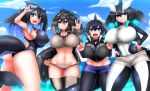  4girls aqua_eyes aqua_hair arm_up ass ass_visible_through_thighs black_eyes black_hair blowhole blue_eyes blue_hair borrowed_character breasts claw_pose closed_mouth competition_swimsuit covered_nipples crop_top cropped_hoodie curvy daddy_pomgi day diving_suit dolphin_tail dorsal_fin drawstring eyebrows_visible_through_hair false_killer_whale_(kemono_friends)_(isobee) goggles goggles_on_head grey_hair grin hair_between_eyes hand_on_eyewear hand_up hands_on_hips hands_up head_fins highres hood hood_down hoodie huge_breasts impossible_clothes kemono_friends killer_whale_(kemono_friends)_(stylecase) legwear_under_shorts long-finned_pilot_whale_(kemono_friends)_(yoshida_hideyuki) long_hair long_sleeves looking_at_viewer medium_hair multicolored_hair multiple_girls navel ocean one-piece_swimsuit open_clothes open_mouth open_vest original outdoors pantyhose seal_tail sharp_teeth short_shorts shorts sideboob smile southern_elephant_seal_(kemono_friends)_(daddy_pomgi) stomach swimsuit tail tankini teeth thigh_gap thighhighs twisted_torso unzipped vest wetsuit zipper 