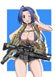  1girl ;d ahoge ammunition_pouch ar-15 assault_rifle bikini blue_bikini blue_hair blush breasts commentary_request cowboy_shot denim denim_shorts grenade_launcher gun hand_on_headphones headset idolmaster idolmaster_(classic) laser_sight load_bearing_equipment load_bearing_vest m203 m32 m4_carbine magazine_(weapon) medium_breasts military miura_azusa nakamura_3sou one_eye_closed open_mouth pouch radio rifle scope short_hair shorts simple_background sling smile solo swimsuit thighs underbarrel_grenade_launcher vertical_foregrip weapon 