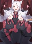  10_(user_cwuu4848) 3girls absurdres ahoge angry animal_ears arm_garter black_gloves black_neckwear breasts cerberus_(helltaker) commentary_request demon_girl demon_tail dog_ears dog_girl eyebrows_visible_through_hair fang fangs food fork frown gloves grin hand_on_another&#039;s_head heart helltaker highres holding holding_fork holding_plate large_breasts long_hair looking_at_another looking_at_viewer multiple_girls necktie open_mouth pancake plate red_eyes red_shirt shirt smile tail triplets vest waistcoat white_hair 