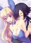  1boy 1girl animal_ears bangs black_hair blonde_hair blue_hairband blue_leotard blue_neckwear blush breasts bunny_ears cleavage closed_eyes code_geass:_boukoku_no_akito collarbone couple detached_collar eyebrows_visible_through_hair fake_animal_ears hair_between_eyes hairband hetero hyuuga_akito kazumoto_saori leila_(code_geass) leotard long_hair medium_breasts open_mouth purple_eyes strapless strapless_leotard very_long_hair wrist_grab 