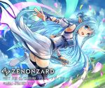  1girl :d armpits asuna_(sao-alo) bangs blue_dress blue_eyes blue_hair blue_sky boots braid breasts cloud cloudy_sky commentary_request day detached_sleeves dress eyebrows_visible_through_hair falling_petals flying from_side gloves grey_footwear hokuyuu holding holding_sword holding_weapon long_hair looking_at_viewer multicolored multicolored_clothes multicolored_dress official_art open_mouth outdoors pointy_ears purple_legwear sky smile solo sword sword_art_online thighhighs tree weapon white_dress zenonzard 